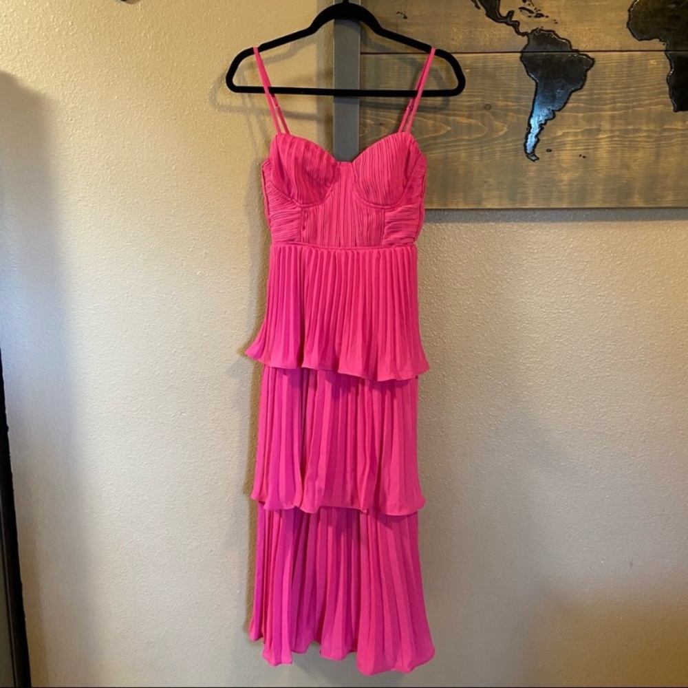 Lulus Cascading Crush Hot Pink Tiered Bustier Midi Dress - Picture 9 of 15